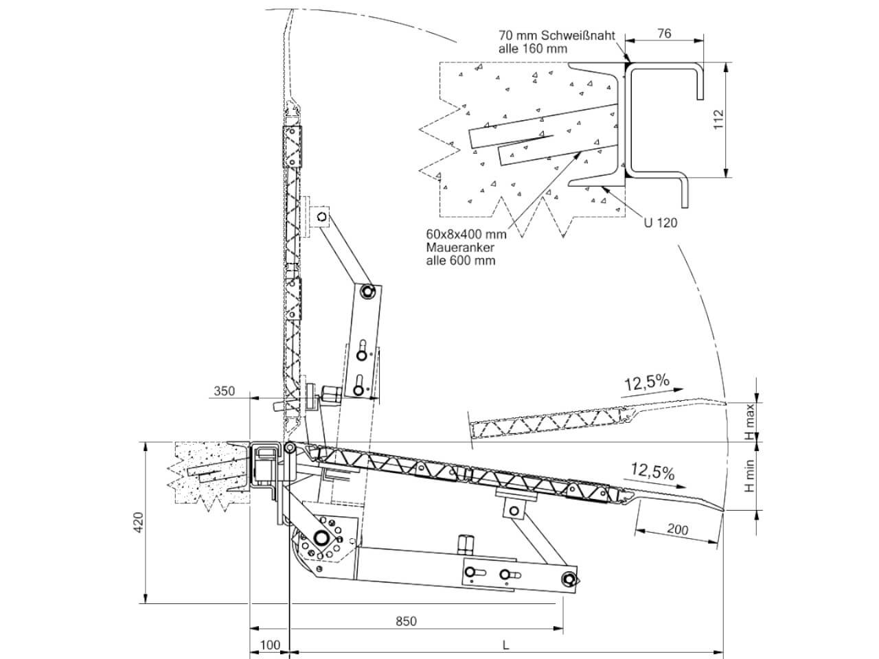 zeichnung einer seitenverschiebbaren skb ueberladebruecke mit federhebewerk