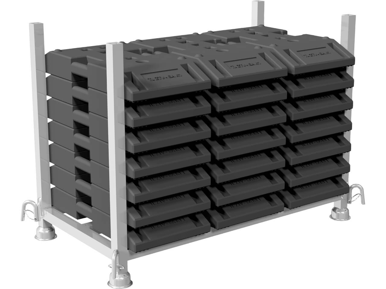 30 fussplatten auf der schake palette 50381v-115 zur lagerung und transport von schweren fussplatten