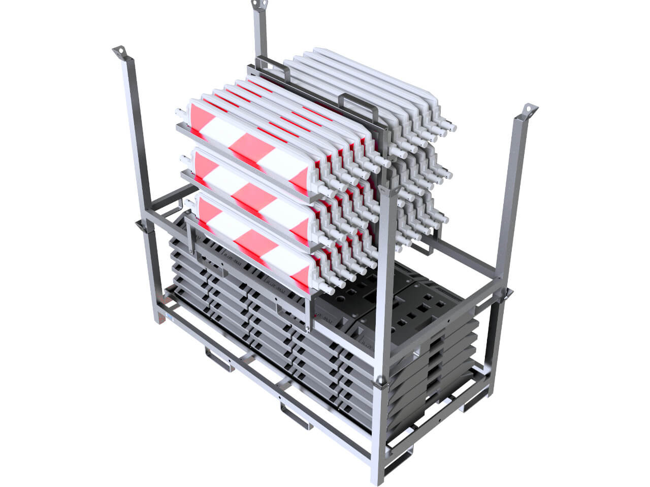 36nox-set2 schake leitbaken und fussplatten auf einer lager- und transportpalette im set