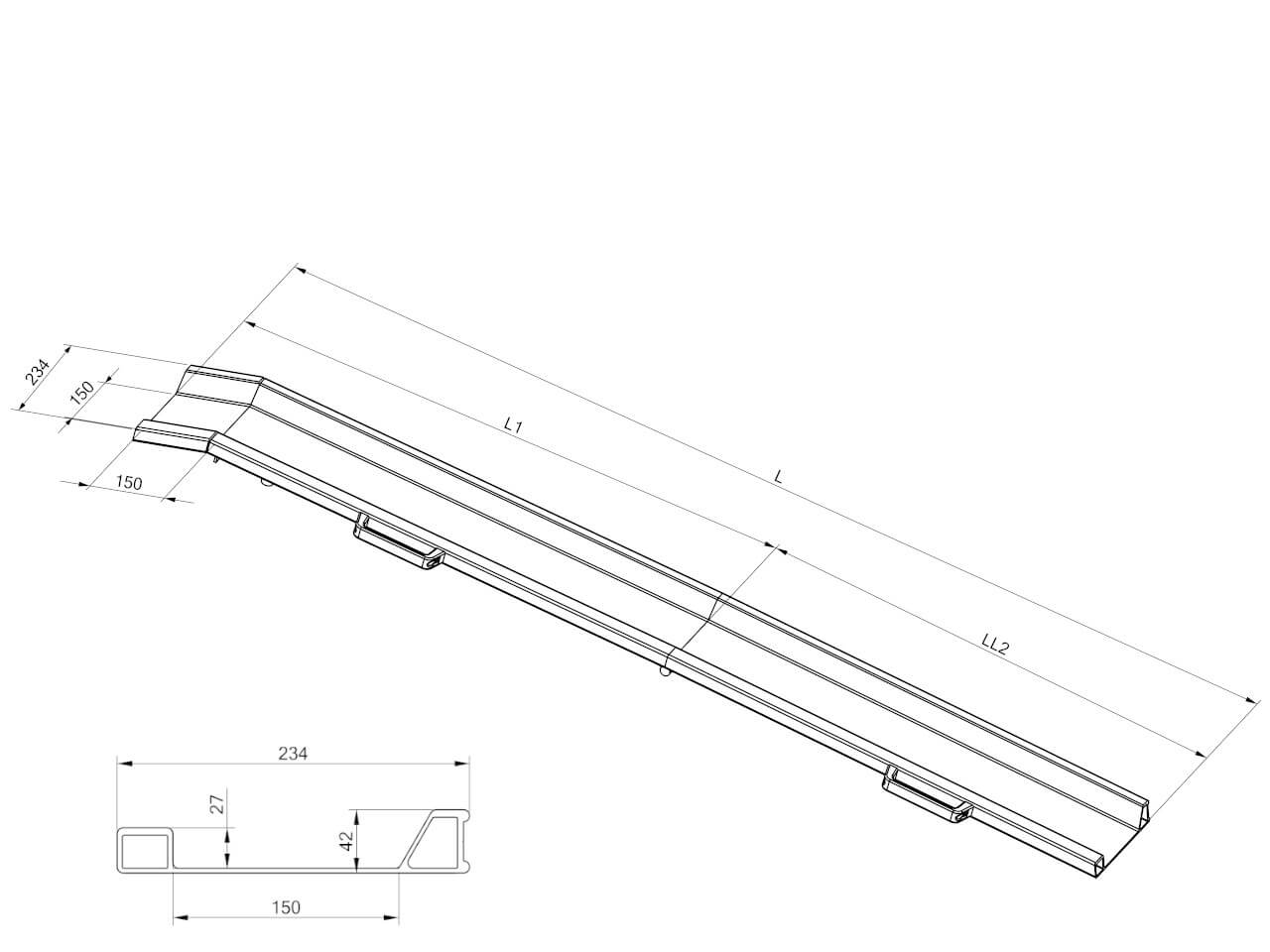 technische zeichnung und querschnitt einer klappbaren rollstuhlrampe ras-f