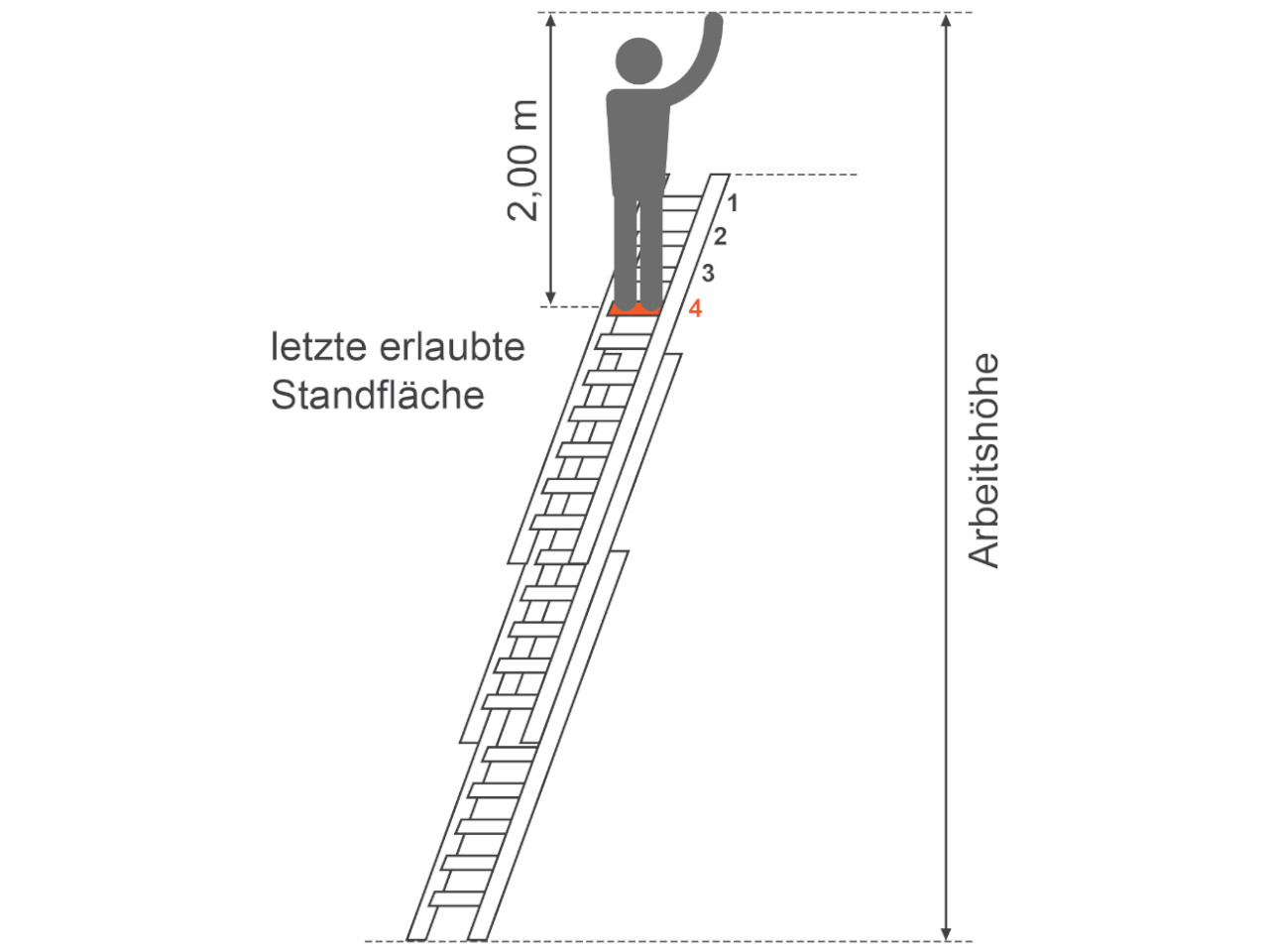 piktogramm einer schiebeleiter - standhoehe und arbeitshoehe in bezug auf die letzte erlaubte sprosse oder stufe