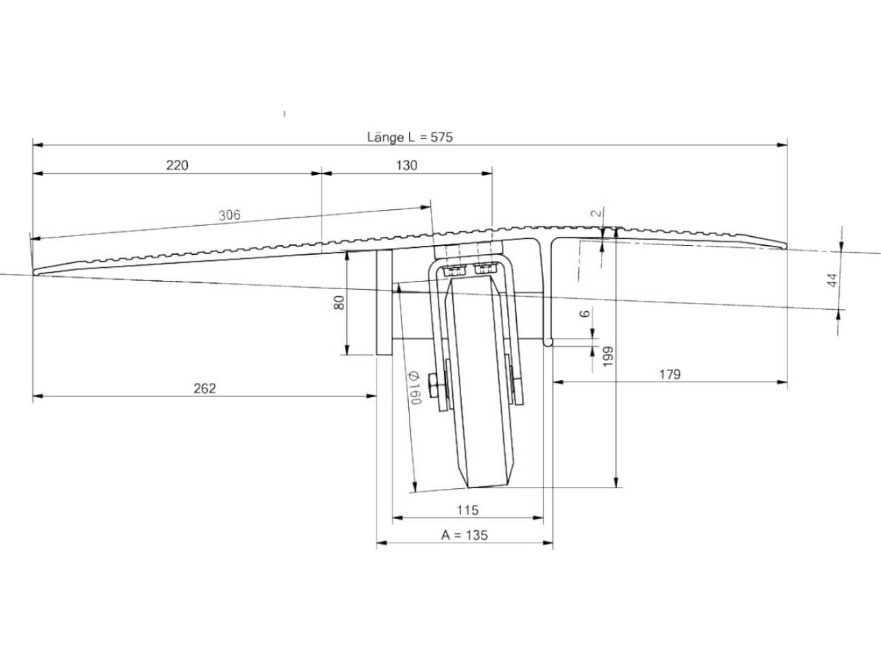 technische zeichnung einer hfb 55 -60 ueberladebruecke mit bockrolle