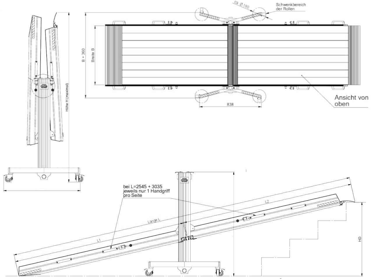 technische zeichnung einer aol-rm rollstuhlrampe mit klappbarer funktion