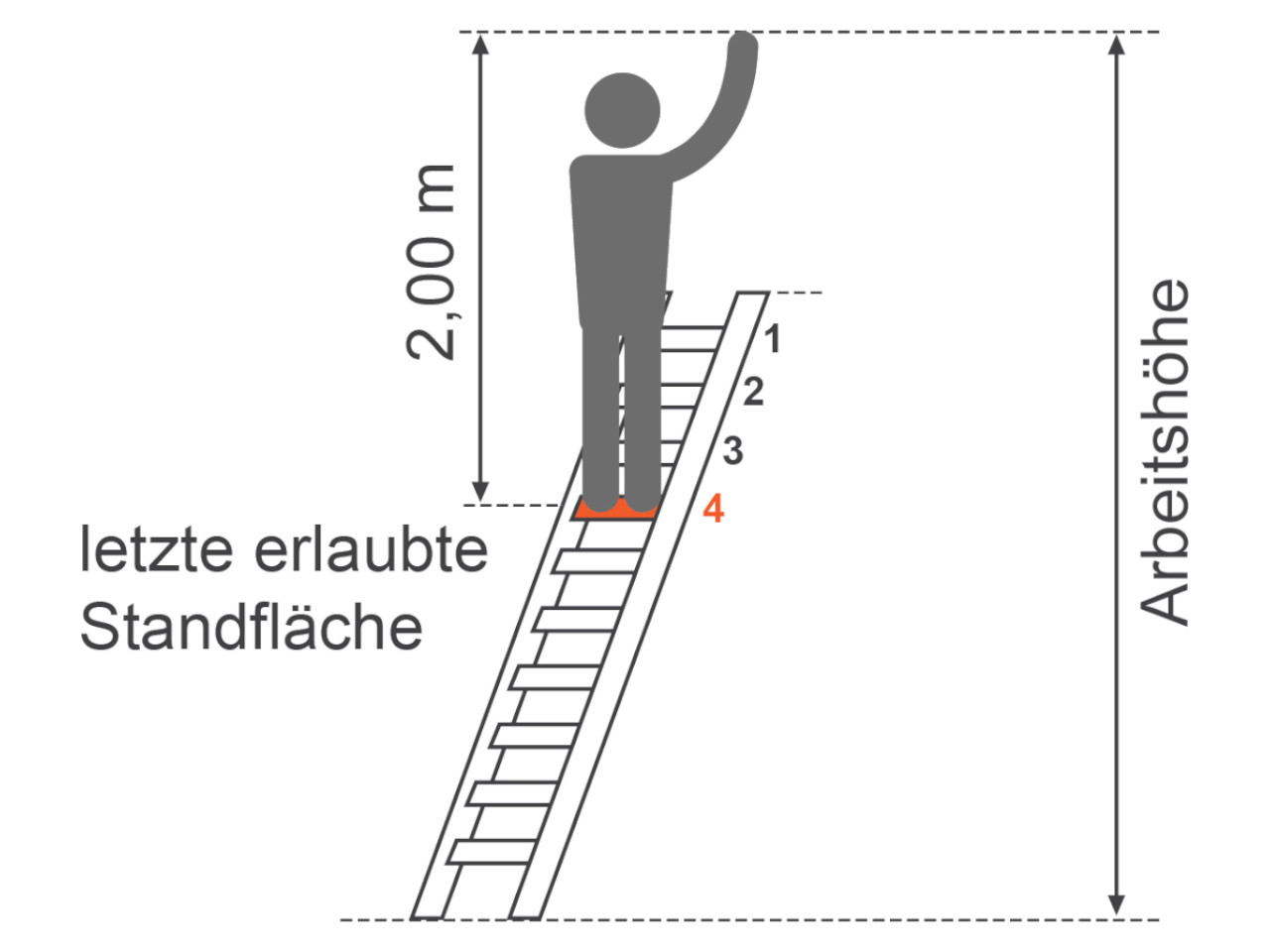 piktogramm der standhoehe und arbeitshoehe einer anlegeleiter - markierung der letzten stufe oder sprosse