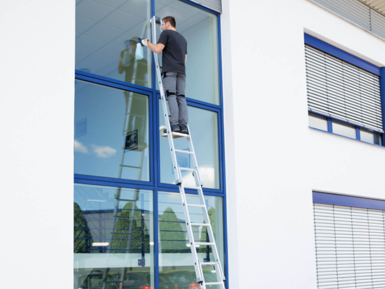 fenster putzer auf einer sprossen glasreinigerleiter munk