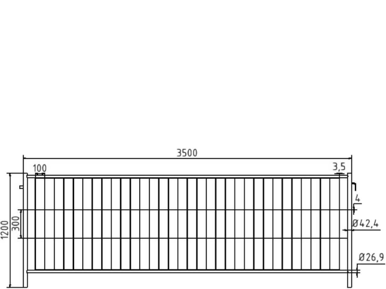 technische zeichnung von mobilzaun 3b1236h mit seitlichen haken und oesen